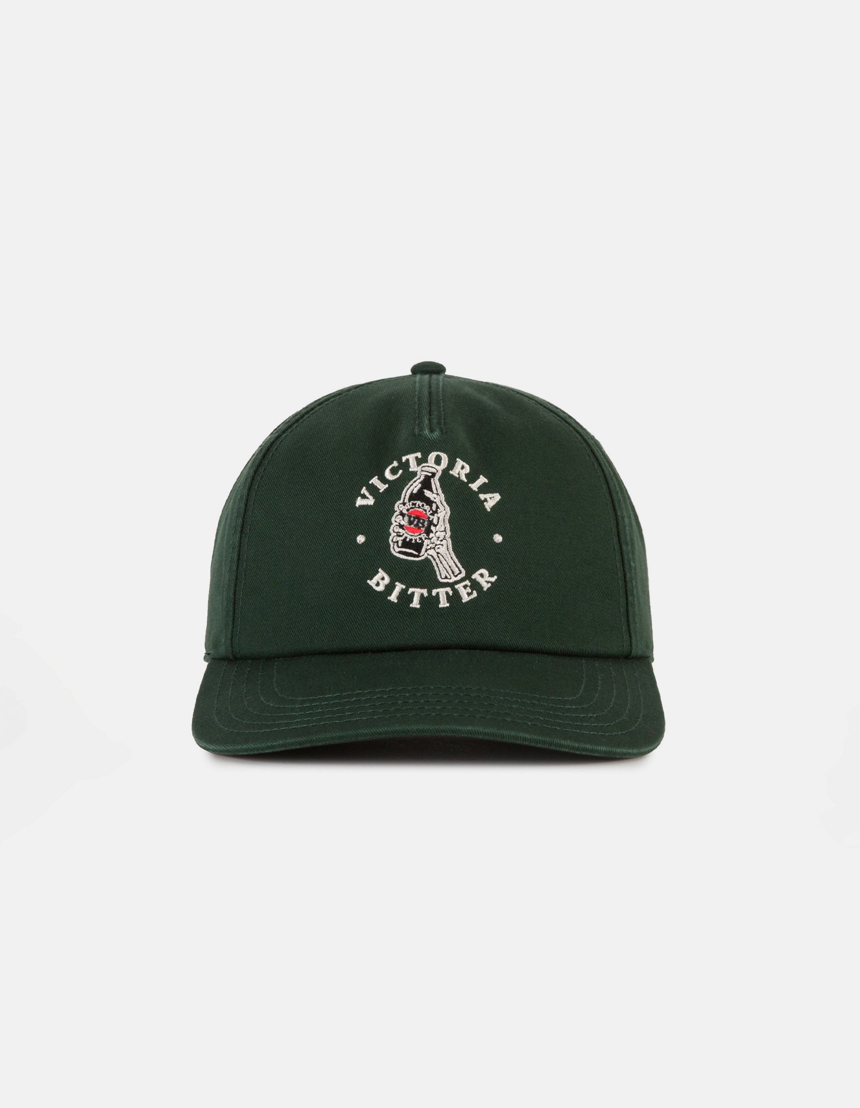 A dark green baseball cap featuring a white embroidered circular logo on the front with the text 'VICTORIA BITTER' and a hand holding a pipe.
